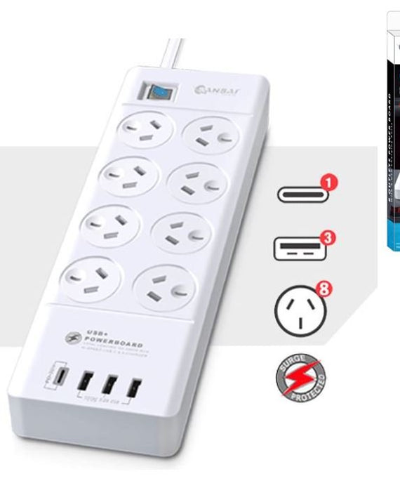 Sansai 8 Outlet 3*USB-A & 1*USB-C Powerboard Master On/Off switch Surge and overload protected 1M 20W 220-240V 10A IV Retail box - Leader Electronics
