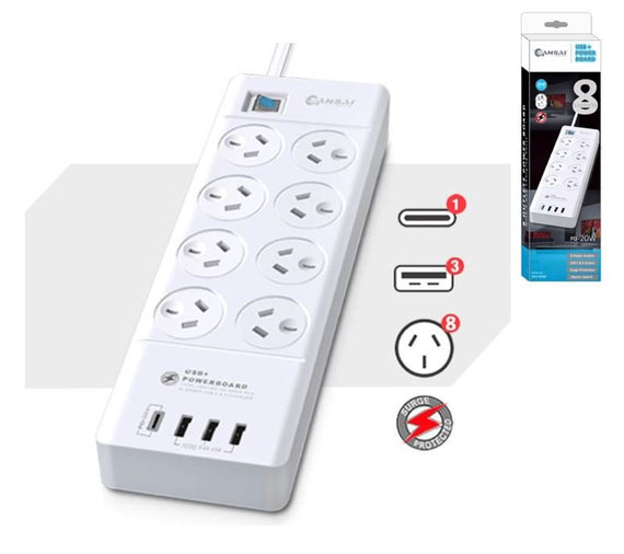 Sansai 8 Outlet 3*USB-A & 1*USB-C Powerboard Master On/Off switch Surge and overload protected 1M 20W 220-240V 10A IV Retail box - Leader Electronics