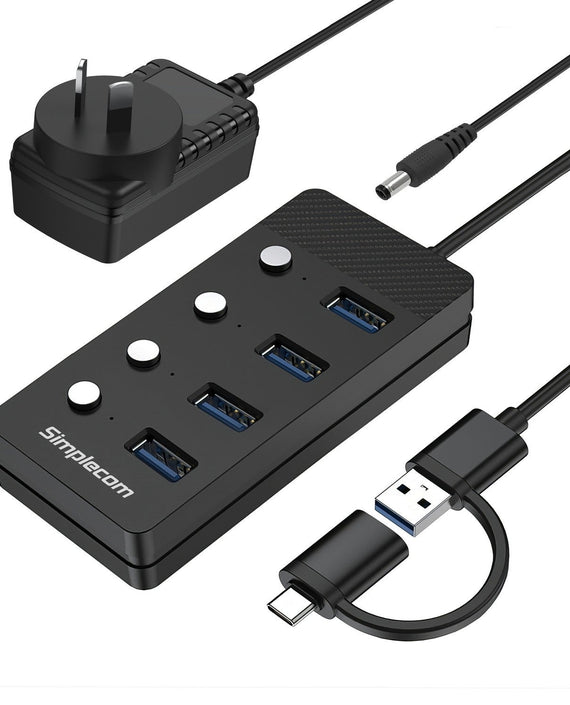 Simplecom CH345C SuperSpeed USB-A and USB-C to 4-Port USB 3.0 Hub 5Gbps Individual Switches and Power Adapter - Leader Electronics