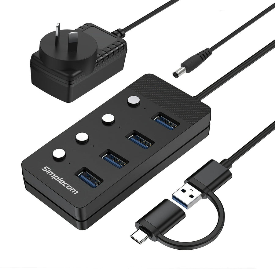 Simplecom CH345C SuperSpeed USB-A and USB-C to 4-Port USB 3.0 Hub 5Gbps Individual Switches and Power Adapter - Leader Electronics