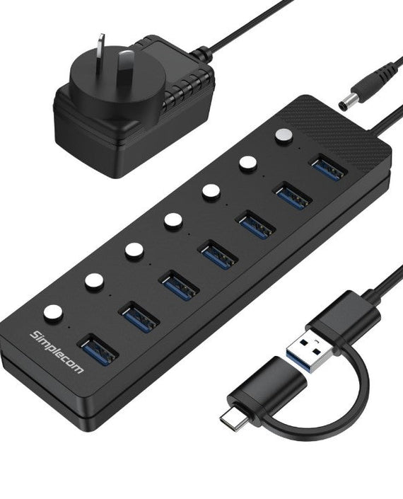 Simplecom CH375C USB-A and USB-C to 7-Port USB 3.0 Hub 5Gbps Individual Switches and Power Adapter - Leader Electronics