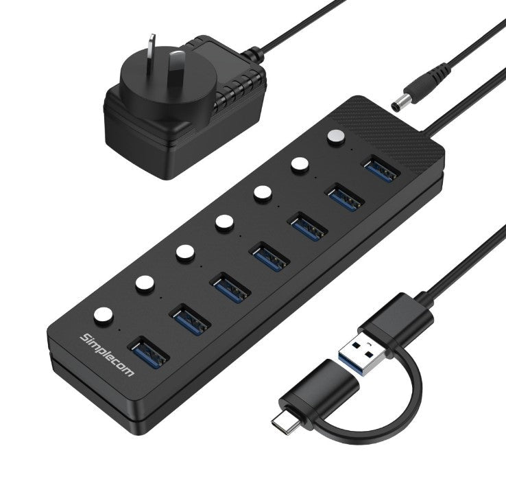 Simplecom CH375C USB-A and USB-C to 7-Port USB 3.0 Hub 5Gbps Individual Switches and Power Adapter - Leader Electronics