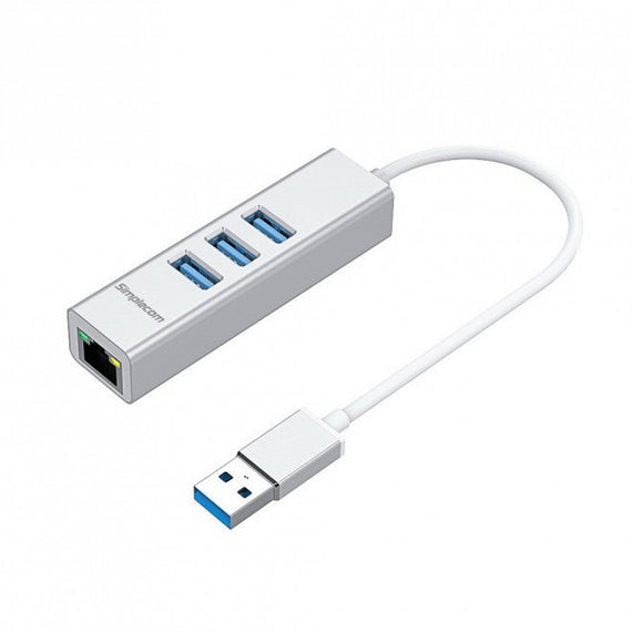 Simplecom CHN420 Silver Aluminium 3 Port SuperSpeed USB HUB with Gigabit Ethernet Adapter - Leader Electronics