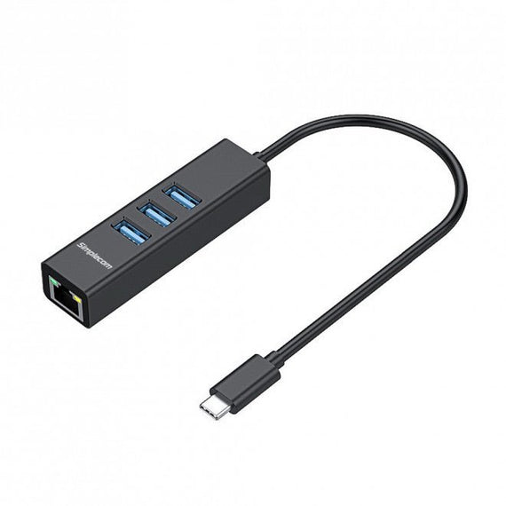 Simplecom CHN421 Black Aluminium USB-C to 3 Port USB HUB with Gigabit Ethernet Adapter - Leader Electronics