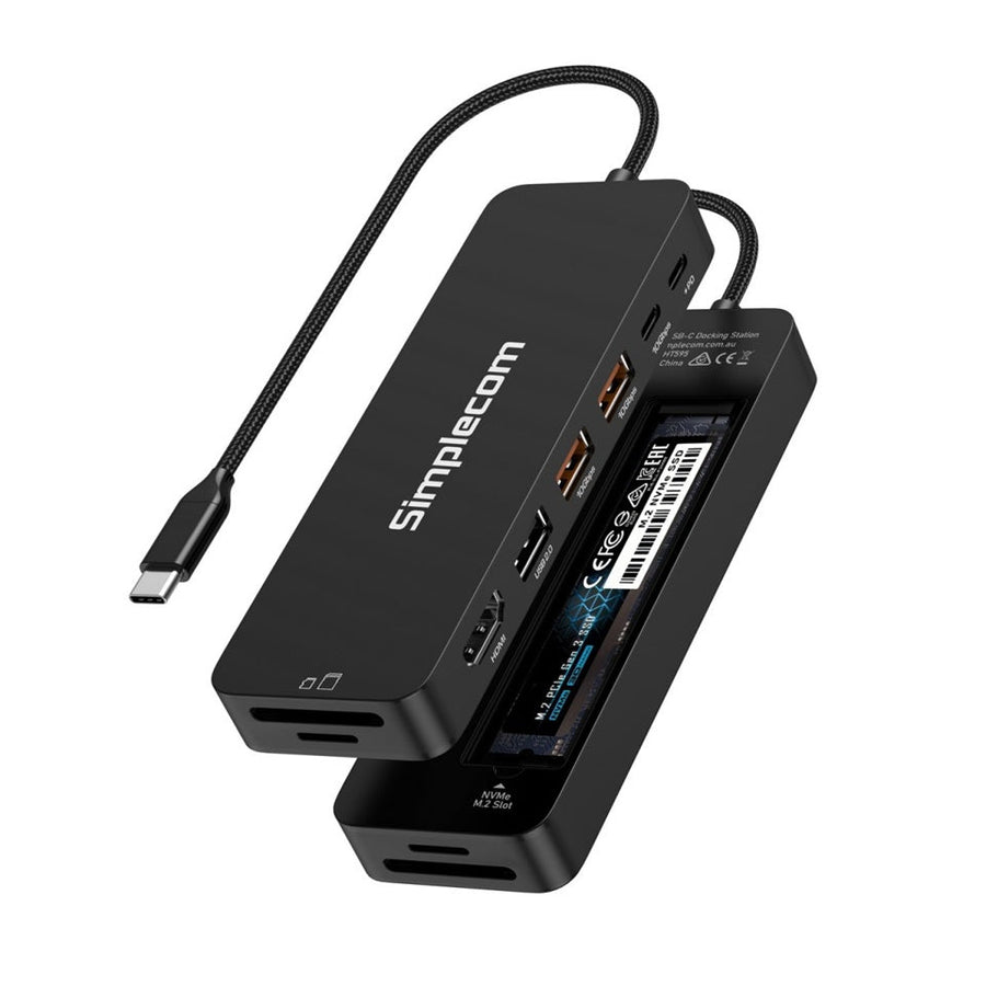 Simplecom CHT595 9-in-1 USB-C Multiport Docking Station with NVMe M.2 Enclosure 2xUSB-A 10Gbps, USB-C 10Gbps, HDMI 2.0 4K@60Hz, SD/MicroSD, PD100W - Leader Electronics