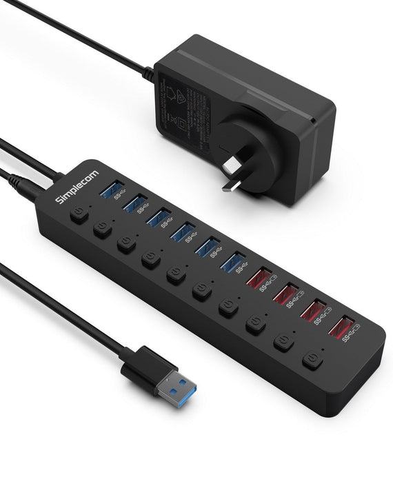 Simplecom CHU810 48W 10-Port USB 3.0 Hub and Charger with Individual Switches 12V/4A Power Adapter BC1.2 Fast Charging - Leader Electronics