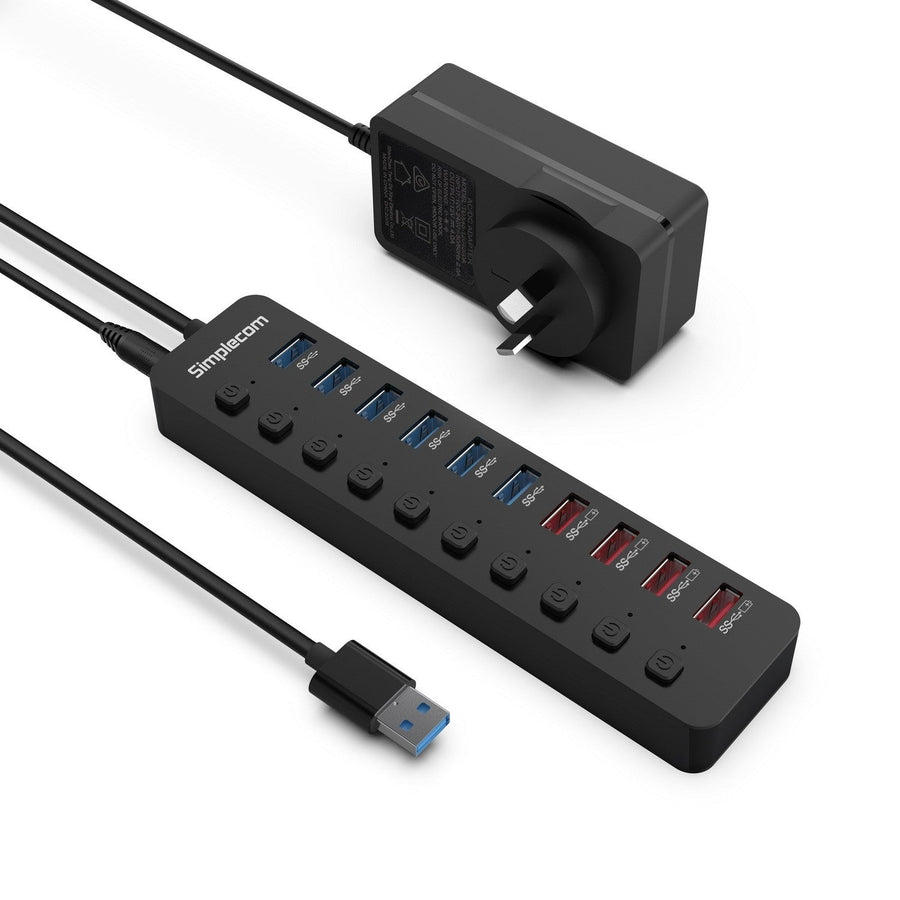 Simplecom CHU810 48W 10-Port USB 3.0 Hub and Charger with Individual Switches 12V/4A Power Adapter BC1.2 Fast Charging - Leader Electronics