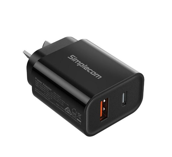 Simplecom CU220 Dual Port PD 20W Fast Wall Charger USB-C + USB-A for Phone Tablet - Leader Electronics