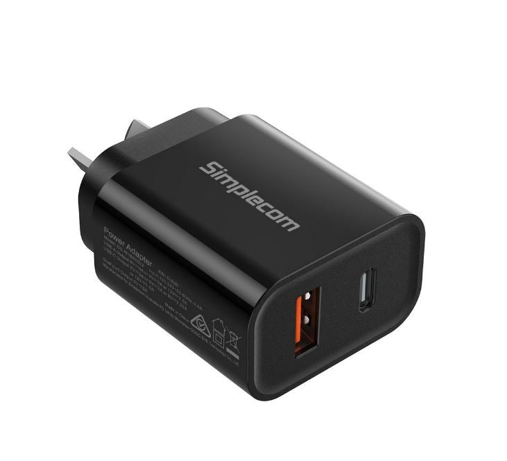 Simplecom CU220 Dual Port PD 20W Fast Wall Charger USB-C + USB-A for Phone Tablet - Leader Electronics