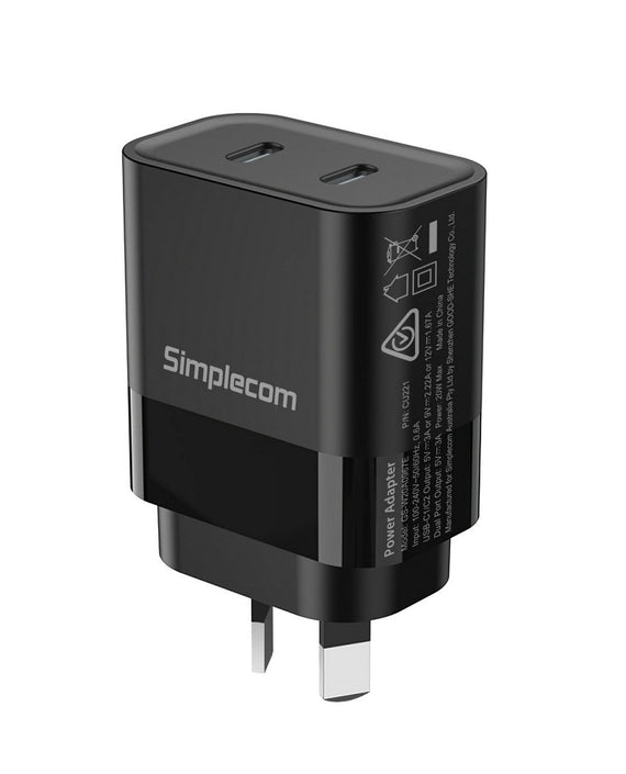 Simplecom CU221 Dual USB-C Fast Wall Charger PD 20W for Phone Tablet - Leader Electronics
