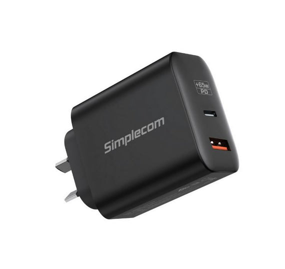 Simplecom CU265 Dual Port PD 65W GaN Fast Wall Charger USB-C + USB-A for Phone Laptop - Leader Electronics