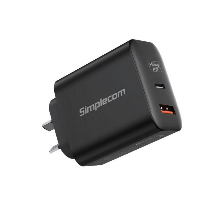 Simplecom CU265 Dual Port PD 65W GaN Fast Wall Charger USB-C + USB-A for Phone Laptop - Leader Electronics