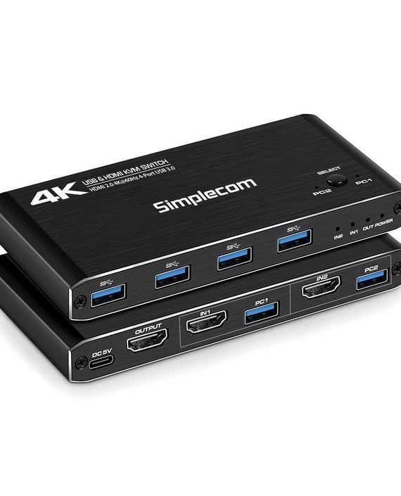 Simplecom KM420 2-Port HDMI KVM Switch HDMI 2.0 4K@60Hz 4-Port USB 3.0 Hub 5Gbps - Leader Electronics