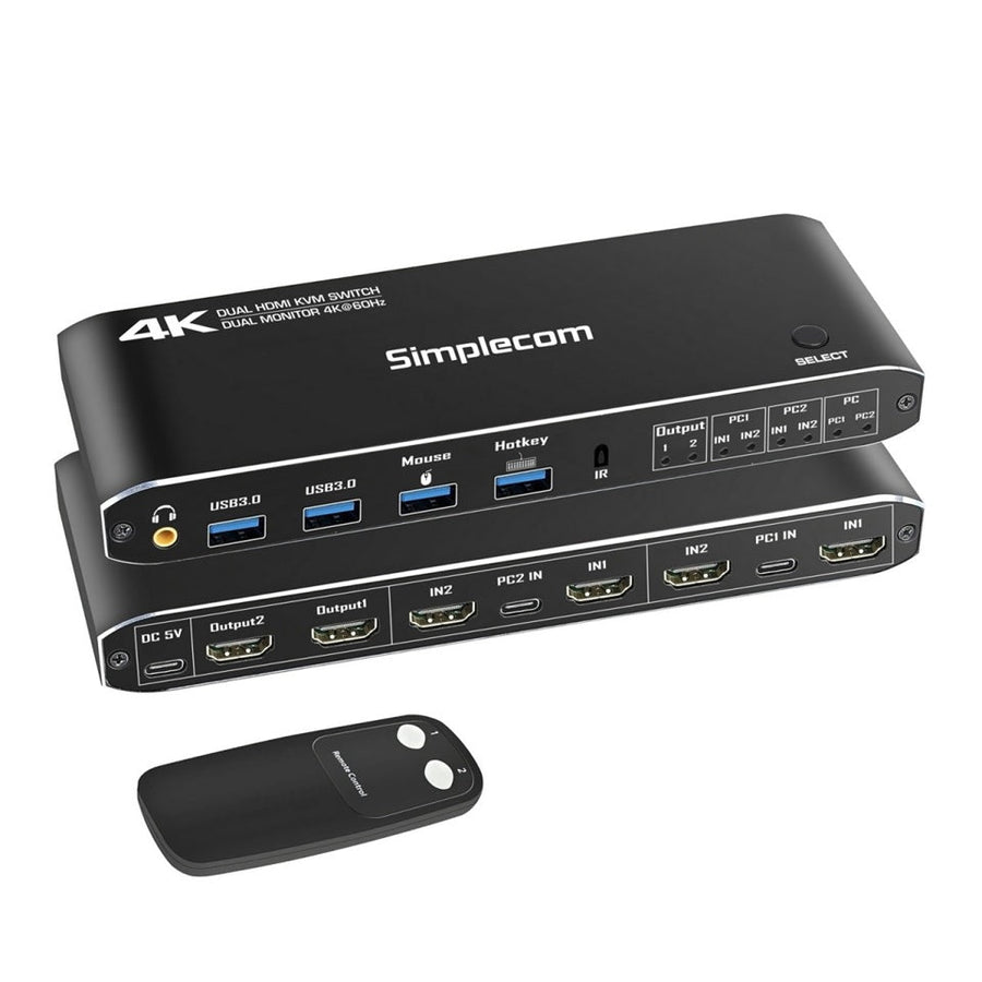 Simplecom KM430 Dual HDMI Monitor KVM Switch for 2 Computers with 4-Port USB Hub 4K@60Hz Keyboard Hotkey - Leader Electronics