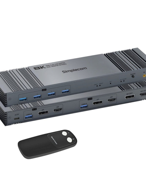 Simplecom KM490 HDMI and DisplayPort Dual Monitor KVM Switch for 2 Computers with 4-Port USB 3.0 Hub 5Gbps 8K@60Hz - Leader Electronics