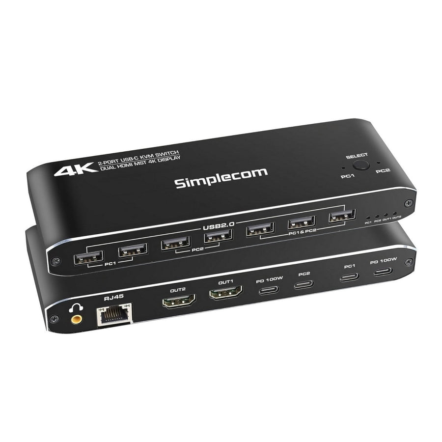 Simplecom KM590 2-Port USB-C Dual 4K HDMI Monitor KVM Switch and Docking Station with Network Sharing - Leader Electronics
