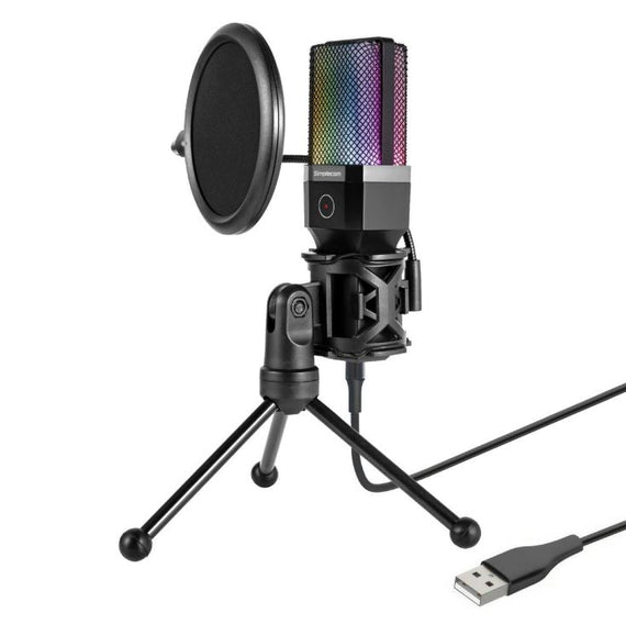 Simplecom UM650 USB Cardioid Condenser Microphone Gaming RGB Lights with Tripod & Pop Filter - Leader Electronics