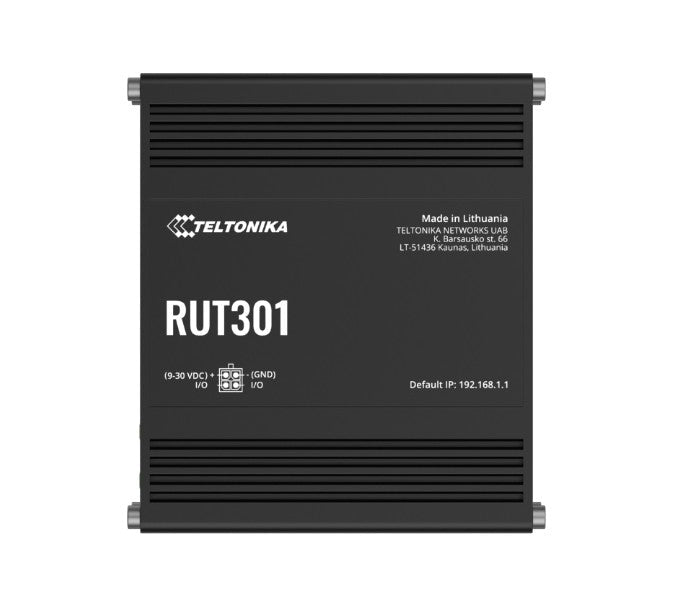 Teltonika RUT301 Industrial Ethernet Router, Rugged Industrial Ethernet Router, 5 Ethernet Ports, 2 Configurable Digital Inputs/Outputs, PSU included - Leader Electronics