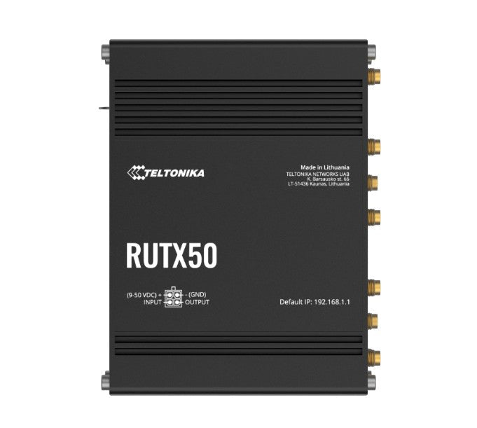 Teltonika RUTX50 Industrial 5G Router, 5G dual SIM cellular, 5 Gigabit Ethernet ports, dual-band WI-Fi, PSU included - Leader Electronics