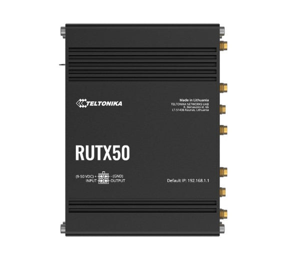 Teltonika RUTX50 Industrial 5G Router, 5G dual SIM cellular, 5 Gigabit Ethernet ports, dual-band WI-Fi, PSU included - Leader Electronics