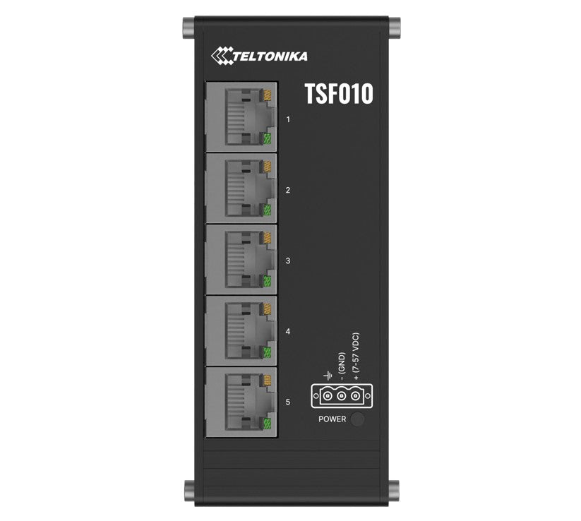 Teltonika TSF010 Flat Ethernet Switch, 3-Pin Power Input, Flat and Compact Design, Plug-and-Play, 7-57 VDC, PSU excluded - Leader Electronics