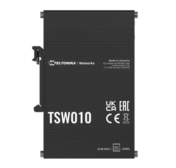 Teltonika TSW010 DIN Rail Ethernet Switch, 5x Ethernet Ports with speeds of up to 100 Mbps, Integrated DIN Rail Bracket, Plug and Play, PSU excluded - Leader Electronics