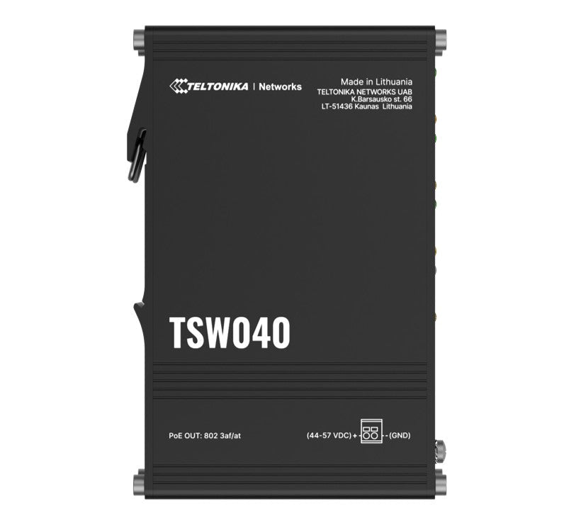 Teltonika TSW040 - 8-port PoE+ Switch (7-57 VDC, or 44-57 VDC for PoE-out) Integrated DIN Rail Bracket - 10/100 Mbps, supports auto MDI/MDIX crossover - Leader Electronics