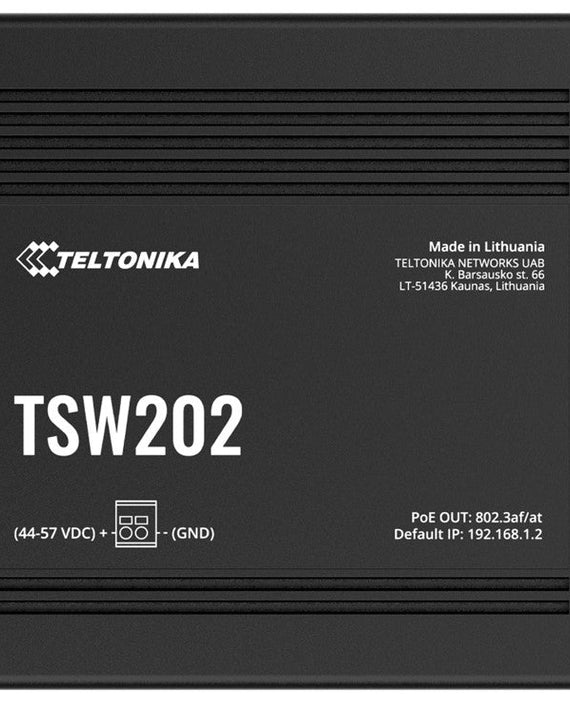 Teltonika TSW202 Managed PoE+ Ethernet Switch, Supports Profinet, 2 SFP Ports, 8 Gigabit Ethernet Ports Providing 30W of Power Each, PSU excluded - Leader Electronics