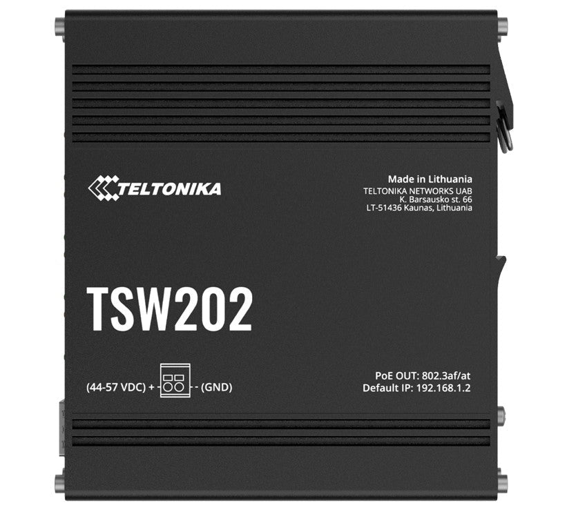 Teltonika TSW202 Managed PoE+ Ethernet Switch, Supports Profinet, 2 SFP Ports, 8 Gigabit Ethernet Ports Providing 30W of Power Each, PSU excluded - Leader Electronics