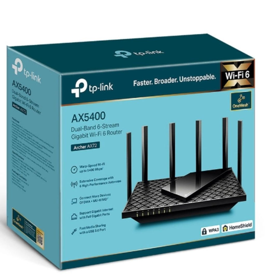 TP-Link Archer AX72 AX5400 Dual-Band Gigabit Wi-Fi 6 Router, MU-MIMO, OFDMA, 6x Antennas, Beamforming, 1x USB 3.0, Advanced Security and QoS - Leader Electronics