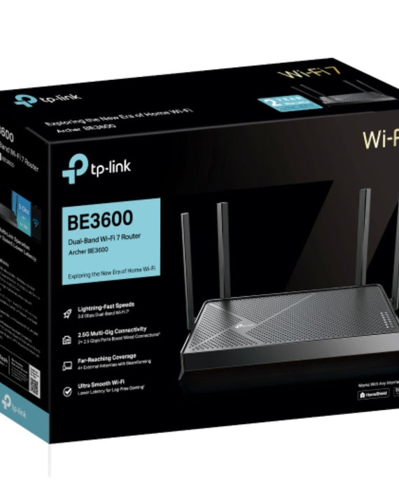 TP-Link Archer BE3600 BE3600 Dual-Band Wi-Fi 7 Router (WIFI7) 1148 Mbps at 2.4 GHz + 4804 Mbps at 5 GHz, 8× Antennas, 2.0 GHz Quad- Core CPU, 1*2.5Gbp - Leader Electronics