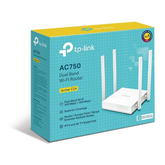 TP-Link Archer C24 AC750 Dual-Band Wi-Fi Router 2.4GHz 300Mbps 5GHz 433Mbps 4xLAN 1xWAN 4xAntennas, WPS, Router Access Point and Range Extender Modes - Leader Electronics