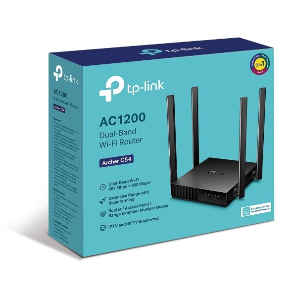TP-Link Archer C54 AC1200 Dual-Band Wi-Fi Router 2.4GHz 300Mbps 5GHz 867Mbps 4xLAN 1xWAN 4xAntennas, WPS, Router Access Point and Range Extender Modes - Leader Electronics