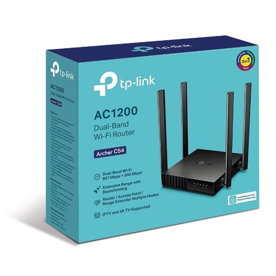 TP-Link Archer C54 AC1200 Dual-Band Wi-Fi Router 2.4GHz 300Mbps 5GHz 867Mbps 4xLAN 1xWAN 4xAntennas, WPS, Router Access Point and Range Extender Modes - Leader Electronics