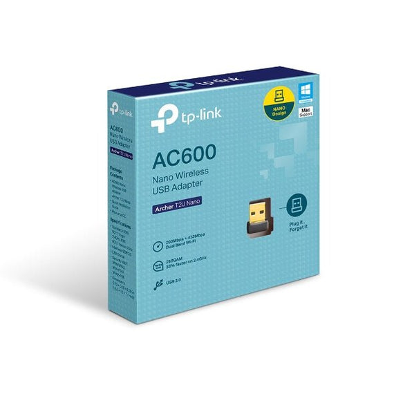 TP-Link Archer T2U Nano AC600 Nano Dual Band Wi-Fi USB Adapter, 433 Mbps at 5 GHz + 200 Mbps at 2.4 GHz, USB 2.0 - Leader Electronics
