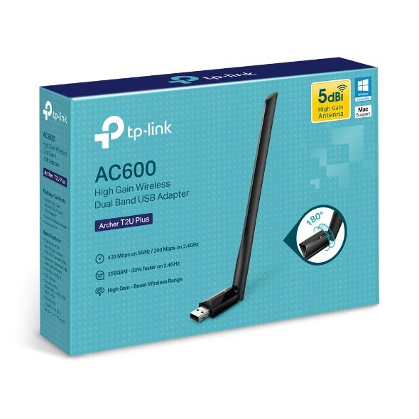 TP-Link Archer T2U Plus AC600 High Gain Wi-Fi Dual Band USB Adapter,433Mbps at 5GHz + 200Mbps at 2.4GHz, USB 2.0, 1 high gain antenna - Leader Electronics