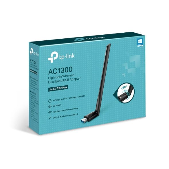 TP-Link Archer T3U Plus AC1300 High Gain Wi-Fi Dual Band USB Adapter,  867Mbps at 5GHz + 400Mbps at 2.4GHz, USB 3.0, 1xHigh Gain External Antenna, MU - Leader Electronics