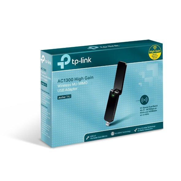 TP-Link Archer T4U AC1300 Wireless Dual Band USB Adapter 2.4GHz (400Mbps) 5GHz (867Mbps) 1xUSB3 802.11ac Omni Directional Antenna WPS button USB Ext C - Leader Electronics
