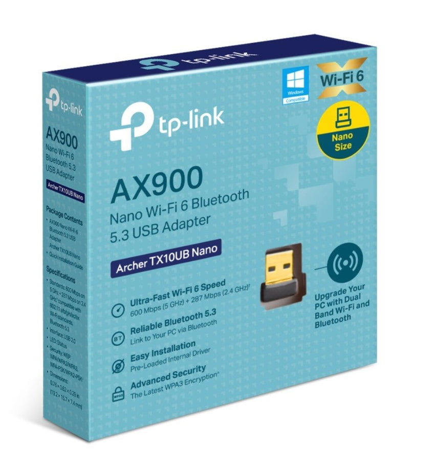 TP-Link Archer TX10UB Nano AX900 Nano Wi-Fi 6 Bluetooth 5.3 USB Adapter, 600 Mbps at 5 GHz + 287 Mbps at 2.4 GHz , Internal Antennas, USB 2.0 - Leader Electronics