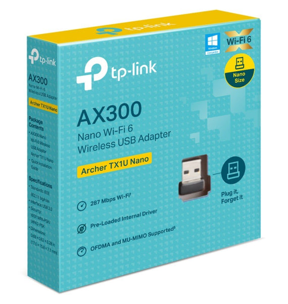 TP-Link Archer TX1U Nano AX300 Nano Wi-Fi 6 Wireless USB Adapter , 287 Mbps at 2.4 GHz , Internal Antennas, USB 2.0 , MU-MIMO, OFDMA - Leader Electronics