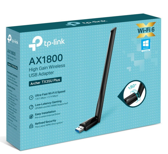 TP-Link Archer TX35U Plus AX1800 High Gain Wireless USB Adapter, 1201 Mbps at 5 GHz + 574 Mbps at 2.4 GHz, 1× High Gain External Antenna, USB 3.0 FEA - Leader Electronics
