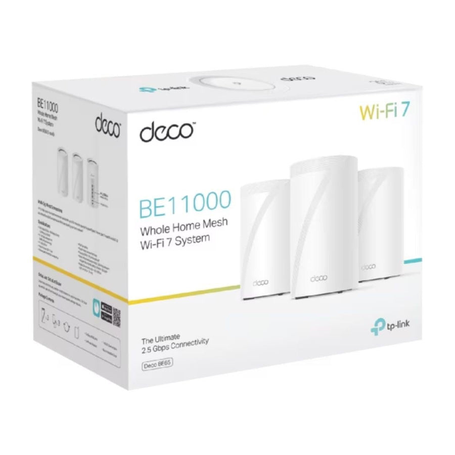TP-Link Deco BE65(3-pack) BE11000 Whole Home Mesh Wi-Fi 7 System (WIFI7) , 574 Mbps at 2.4 GHz + 4320 Mbps at 5 GHz + 5760 Mbps at 6 GHz - Leader Electronics