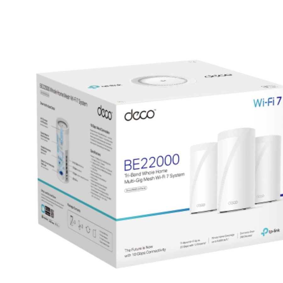 TP-Link Deco BE85(3-pack) BE22000 Tri-Band Whole Home Mesh Wi-Fi 7 System (WIFI7) 1376 Mbps at 2.4 GHz + 8640 Mbps at 5 GHz + 11520 Mbps at 6 GHz - Leader Electronics