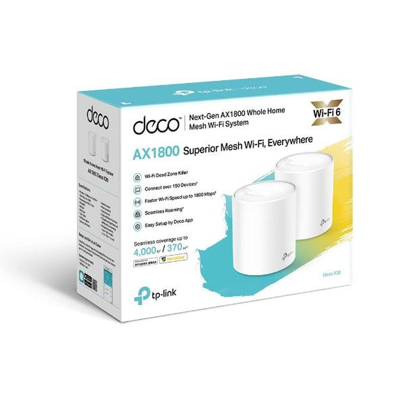 TP-Link Deco X20(2-pack) AX1800 Whole Home Mesh Wi-Fi 6 System, Up To 370 sqm Coverage, WIFI6, 1201Mbps @ 5Ghz, 574Mbps @ 2.4 GHz OFDMA, MU-MIMO (WIFI - Leader Electronics