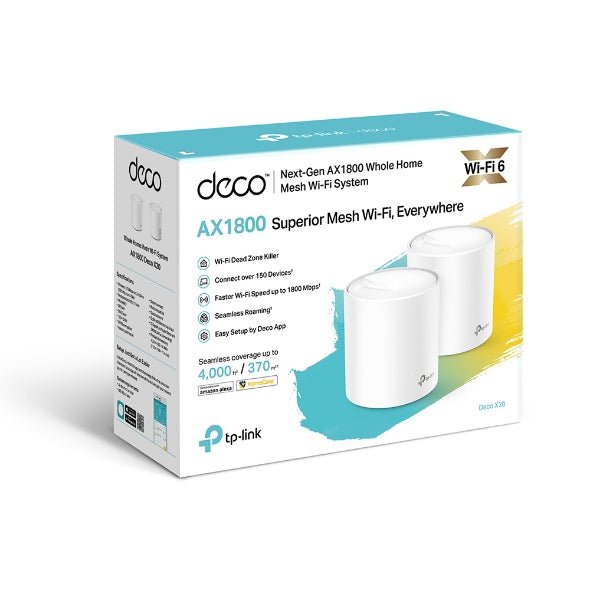 TP-Link Deco X20(2-pack) AX1800 Whole Home Mesh Wi-Fi 6 System, Up To 370 sqm Coverage, WIFI6, 1201Mbps @ 5Ghz, 574Mbps @ 2.4 GHz OFDMA, MU-MIMO (WIFI - Leader Electronics