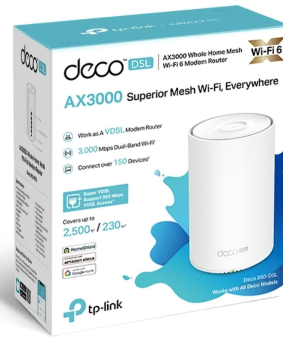 TP-Link Deco X50-DSL(1-pack) AX3000 VDSL Whole Home Mesh WiFi 6 Router, 574 Mbps at 2.4 GHz + 2402 Mbps at 5 GHz, VDSL Profile 35b 350/60 Mbps - Leader Electronics