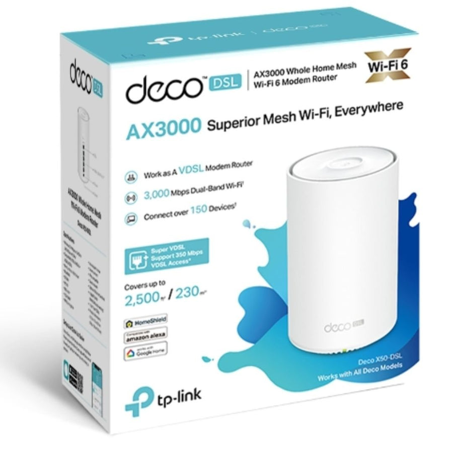 TP-Link Deco X50-DSL(1-pack) AX3000 VDSL Whole Home Mesh WiFi 6 Router, 574 Mbps at 2.4 GHz + 2402 Mbps at 5 GHz, VDSL Profile 35b 350/60 Mbps - Leader Electronics