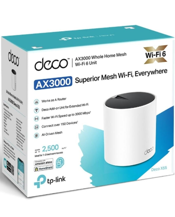 TP-Link Deco X55(1-pack) AX3000 Whole Home Mesh WiFi 6 Router, Dual-Band with Smart Antennas, MU-MIMO, HomeShield Security - Leader Electronics