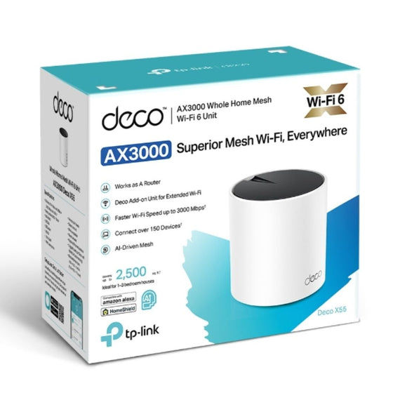 TP-Link Deco X55(1-pack) AX3000 Whole Home Mesh WiFi 6 Router, Dual-Band with Smart Antennas, MU-MIMO, HomeShield Security - Leader Electronics