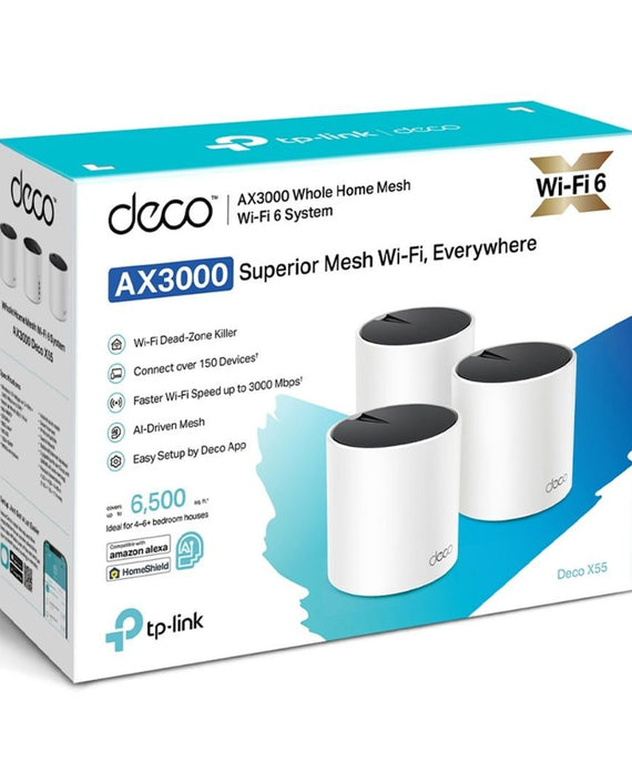 TP-Link Deco X55(3-pack) AX3000 Whole Home Mesh WiFi 6 Router, Dual-Band with Smart Antennas, MU-MIMO, HomeShield Security - Leader Electronics